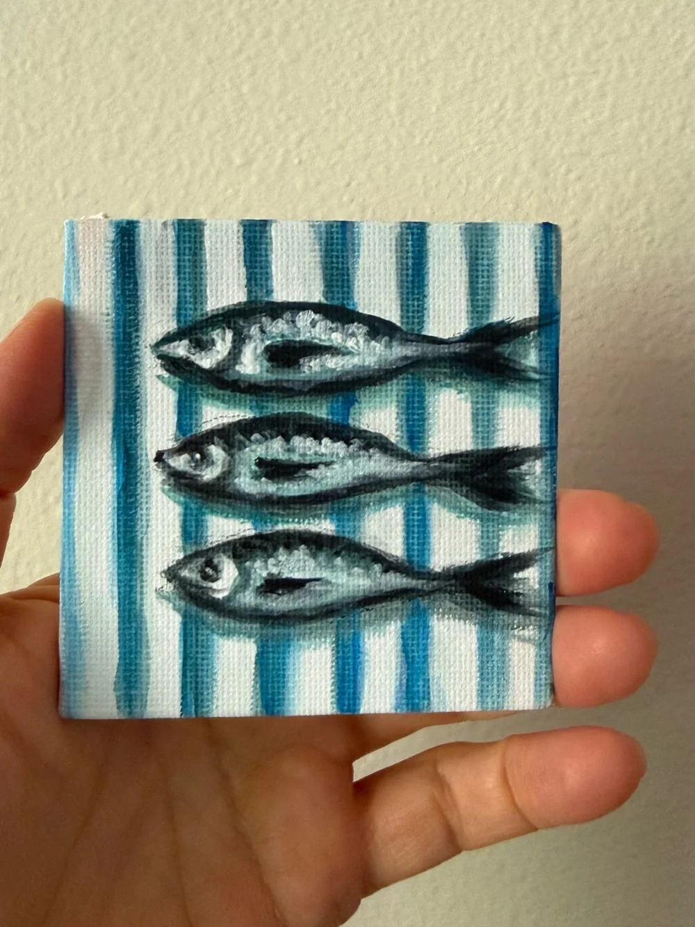 Hand-Painted Blue Striped Fish Mini Canvas Art - fridge magnet
